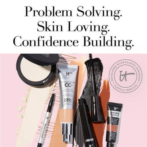 IT Cosmetics co-founder and CEO, Jamie Kern showing here transformation on her face after IT Cosmetics products